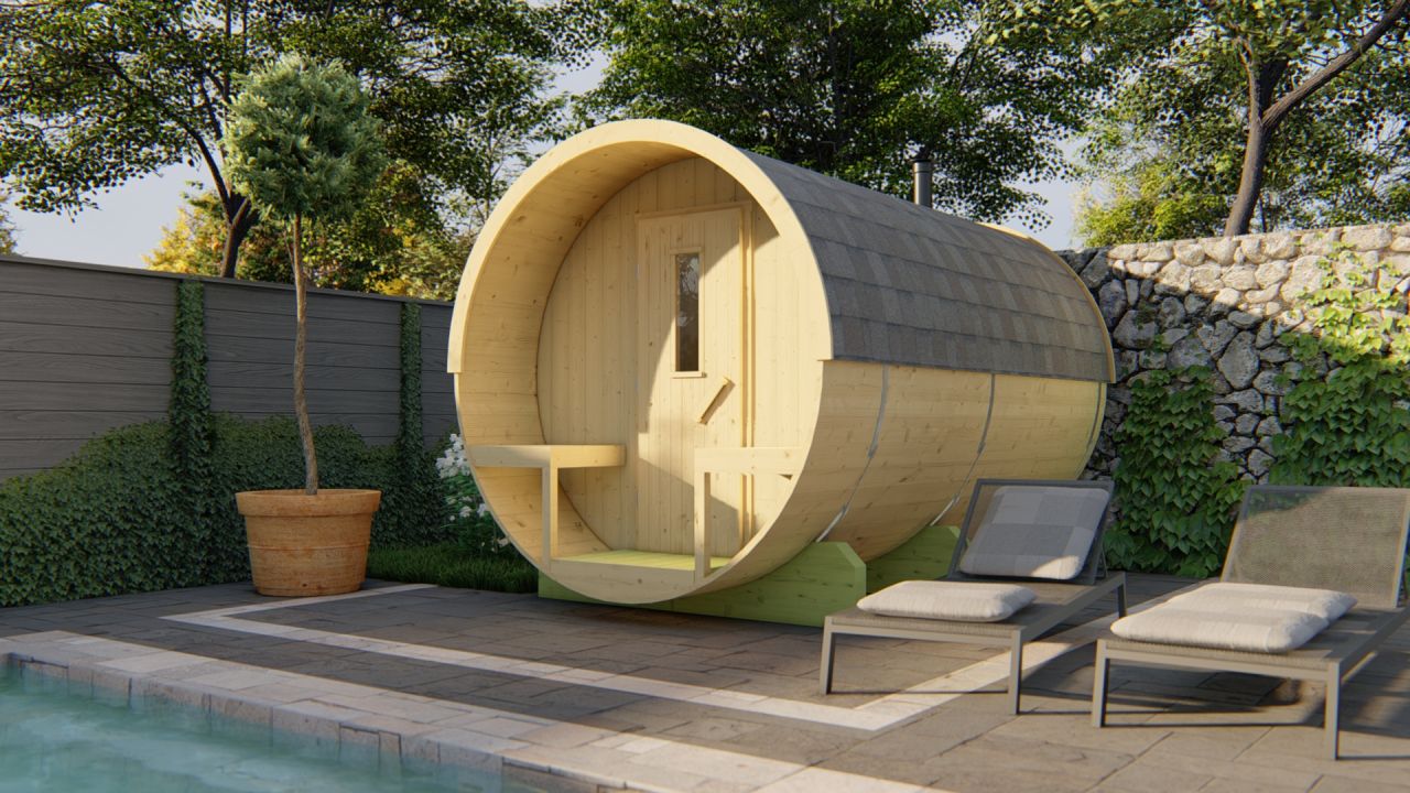Galeriebild 1 - Tuindeco Saunafass mit Umkleidekabine - Fichtenholz - Länge 350 cm - 8715815031782