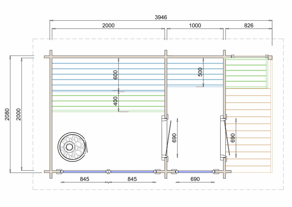 Maße   Tuindeco Saunahaus Tampere M   