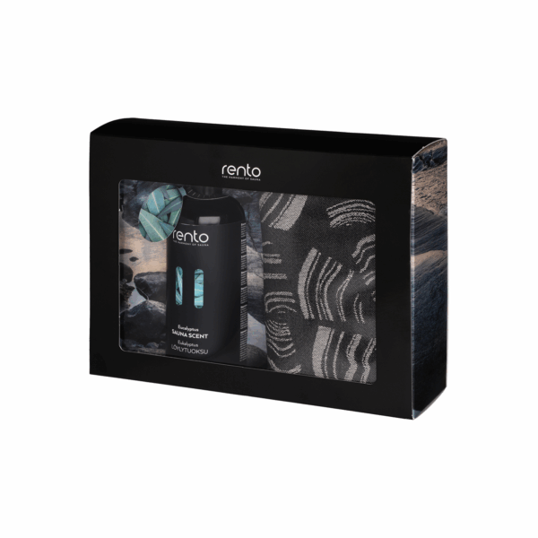 Produktbild 1 - Rento Geschenkset Saunaduft Eukalyptus 400 ml inkl 2 Sitzbezügen Pino schwarz - 6410416116914 Produktbild 1 - Rento Geschenkset Saunaduft Eukalyptus 400 ml inkl 2 Sitzbezügen Pino schwarz - 6410416116914